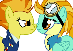 Size: 650x450 | Tagged: safe, artist:masterroxas1500, derpibooru import, lightning dust, spitfire, boop, clothes, duo, noseboop, scrunchy face, simple background, uniform, wonderbolt trainee uniform