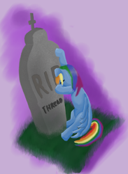 Size: 1000x1363 | Tagged: safe, artist:runbowdash, derpibooru import, rainbow dash, pegasus, pony, crying, female, grave, gravestone, implied death, mare, mourning, solo
