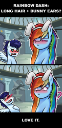 Size: 933x1920 | Tagged: safe, artist:sapphireartemis, derpibooru import, rainbow dash, soarin', pegasus, pony, alternate hairstyle, blood, blushing, bunny ears, comic, female, male, nosebleed, shipping, soarindash, straight