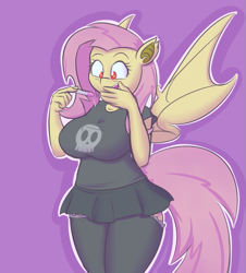 Size: 903x999 | Tagged: safe, artist:funble, fluttershy, anthro, bat pony, 40 weeks flutterbat, bat ponified, big breasts, breasts, clothes, cute, female, flutterbat, hootershy, miniskirt, pregnancy test, pregnant, purple background, race swap, short skirt, simple background, skirt, socks, solo, spread wings, stockings, thigh highs, wings