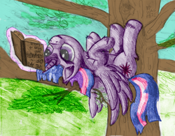 Size: 2824x2208 | Tagged: safe, artist:arcum42, artist:niegelvonwolf, derpibooru import, twilight sparkle, twilight sparkle (alicorn), alicorn, pony, book, colored, female, magic, mare, reading, solo, traditional art, tree