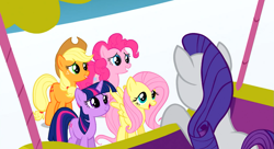 Size: 1099x597 | Tagged: safe, screencap, applejack, fluttershy, pinkie pie, rarity, twilight sparkle, earth pony, pegasus, pony, unicorn, sonic rainboom (episode)