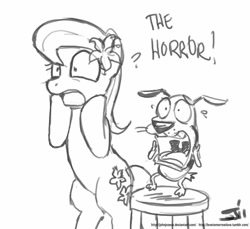 Size: 800x733 | Tagged: safe, artist:johnjoseco, lily, lily valley, earth pony, pony, courage the cowardly dog, crossover, grayscale, monochrome, the horror