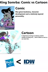 Size: 1444x2188 | Tagged: safe, derpibooru import, idw, screencap, king sombra, radiant hope, pony, unicorn, the crystal empire, spoiler:comic, spoiler:comicfiendshipismagic1, comments locked on derpi, comparison, debate in the comments, female, hasbro logo, hopebra, male, op is a cuck, op is trying to start shit, shipping, sombra drama, sombra eyes, straight, text