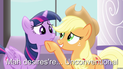 Size: 1280x720 | Tagged: safe, edit, edited screencap, screencap, applejack, twilight sparkle, twilight sparkle (alicorn), alicorn, earth pony, pony, princess twilight sparkle (episode), caption, female, fifty shades of grey, image macro, imminent sex, imminent something, lesbian, mare, meme, my desires are unconventional, shipping, twijack