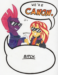 Size: 780x1000 | Tagged: source needed, safe, artist:manly man, fizzlepop berrytwist, sunset shimmer, tempest shadow, human, pony, unicorn, equestria girls, equestria girls series, the ending of the end, spoiler:eqg series (season 2), /mlp/, 4chan, armor, bait, bitch, brofist, broken horn, canon, clenched fist, clothes, comments, dialogue, drama, drama alert, drama bait, eye scar, fandom, female, fist bump, grin, happy, hoofbump, horn, horseshoes, jacket, leather jacket, mare, name, op is right, scar, shirt, shit eating grin, signature, simple background, smiling, smirk, speech bubble, sunglasses, t-shirt, talking, talking to viewer, teeth, text, this is for emphasis bitch, traditional art, uniform, user meltdown in the comments, vulgar, wall of tags
