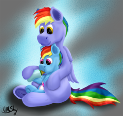 Size: 1000x941 | Tagged: safe, artist:wittleskaj, derpibooru import, bow hothoof, rainbow dash, pegasus, pony, baby, baby bottle, baby pony, bottle feeding, diaper, digital painting, father and child, father and daughter, feeding, female, filly, foal, male, milk bottle, painting, parent and child, stallion