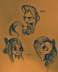 Size: 2279x2829 | Tagged: artist needed, safe, fluttershy, rarity, pegasus, pony, unicorn, monochrome, traditional art