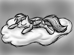 Size: 2000x1500 | Tagged: safe, artist:sandyfortune, derpibooru import, rainbow dash, pegasus, pony, cloud, eyes closed, female, lying down, mare, monochrome, sleeping, solo