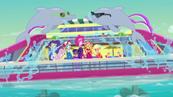 Size: 1920x1080 | Tagged: safe, screencap, applejack, flash sentry, fluttershy, garden grove, mile hill, orange sunrise, pinkie pie, rainbow dash, rarity, sci-twi, sunset shimmer, twilight sparkle, valhallen, dolphin, better together, equestria girls, i'm on a yacht, background human, doodle bug, female, geode of telekinesis, humane five, humane seven, humane six, ink jet, magical geodes, male