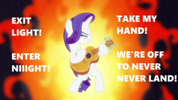 Size: 1280x720 | Tagged: safe, edit, edited screencap, screencap, rarity, pony, unicorn, honest apple, bipedal, enter sandman, fire, guitar, guitarity, metallica, solo, song reference