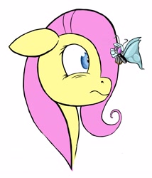 Size: 2457x2871 | Tagged: safe, artist:greenfinger, fluttershy, oc, oc:turing test, butterfly, pegasus, pony, robot, fanfic:the iron horse: everything's better with robots, bust, context is for the weak, floppy ears, frown, simple background, stare, white background, wide eyes