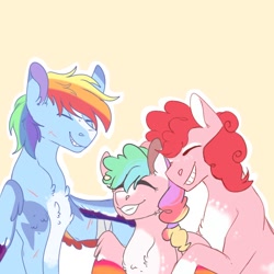 Size: 768x768 | Tagged: safe, artist:xsugarxwolfiex, derpibooru import, pinkie pie, rainbow dash, oc, oc:candy floss, earth pony, pegasus, pony, coat markings, eyes closed, female, filly, grin, hug, lesbian, magical lesbian spawn, mare, nuzzling, offspring, parent:pinkie pie, parent:rainbow dash, parents:pinkiedash, pinkiedash, scar, shipping, simple background, smiling, winghug, yellow background