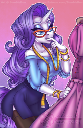 Size: 990x1530 | Tagged: safe, artist:bumblebun, rarity, anthro, unicorn, clothes, dress, female, glasses, mare, measuring tape, miniskirt, side slit, skirt, solo, stockings, thigh highs