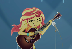 Size: 1600x1080 | Tagged: safe, screencap, sunset shimmer, equestria girls, equestria girls series, let it rain, spoiler:eqg series (season 2), acoustic guitar, cropped, cute, eyes closed, female, guitar, microphone, microphone stand, musical instrument, rain, shimmerbetes, singing, sleeveless, smiling, solo