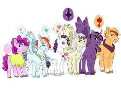 Size: 1497x1148 | Tagged: safe, artist:xsugarxwolfiex, derpibooru import, applejack, fluttershy, pinkie pie, rainbow dash, rarity, twilight sparkle, twilight sparkle (alicorn), alicorn, earth pony, pegasus, pony, unicorn, alternate hairstyle, bandaid, clothes, cloven hooves, coat markings, cutie mark, female, floral head wreath, flower, goggles, line-up, mane six, mare, missing accessory, neckerchief, redesign, scar, shirt, simple background, size comparison, smiling, spread wings, straw in mouth, transparent background, unshorn fetlocks, wings