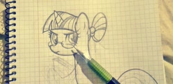 Size: 672x325 | Tagged: safe, artist:kakyou-dreams, derpibooru import, twilight sparkle, clothes, glasses, pencil, pencil drawing, photo, schoolgirl, sketch, solo, traditional art