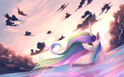 Size: 3840x2400 | Tagged: dead source, safe, artist:gianghanz, princess celestia, alicorn, pony, cloud, looking up, ocean, sky, solo