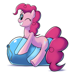 Size: 1357x1399 | Tagged: safe, artist:goshaag, pinkie pie, earth pony, pony, balloon, balloon fetish, balloon riding, balloon sitting, female, fetish, one eye closed, simple background, solo, that pony sure does love balloons, transparent background, wink