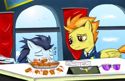 Size: 2500x1625 | Tagged: safe, artist:mlj-lucarias, derpibooru import, soarin', spitfire, wonderbolts academy, desk, glasses, office, pie, sleeping, that pony sure does love pies, window, zzz