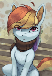 Size: 1300x1875 | Tagged: safe, artist:mrscroup, derpibooru import, rainbow dash, pegasus, pony, blushing, clothes, cute, ear fluff, female, looking at you, mare, scarf, sitting, solo