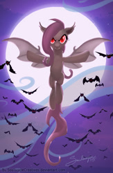 Size: 588x900 | Tagged: safe, artist:soulscapecreatives, fluttershy, bat, bat pony, pony, fangs, flutterbat, flying, glowing eyes, moon, night, solo