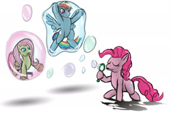 Size: 1920x1358 | Tagged: safe, artist:lizardwithhat, derpibooru import, fluttershy, pinkie pie, rainbow dash, earth pony, pegasus, pony, angry, blowing bubbles, in bubble, shocked expression, simple background, soap bubble, struggling, trapped, trio