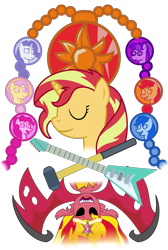 Size: 2505x3730 | Tagged: safe, artist:sketchmcreations, derpibooru import, applejack, fluttershy, pinkie pie, rainbow dash, rarity, sci-twi, sunset satan, sunset shimmer, twilight sparkle, pony, unicorn, equestria girls, electric guitar, empty eyes, eyes closed, female, geode of empathy, geode of fauna, geode of shielding, geode of sugar bombs, geode of super speed, geode of super strength, geode of telekinesis, guitar, hammer, happy birthday mlp:fim, magical geodes, mlp fim's ninth anniversary, musical instrument, open mouth, ponified, simple background, sledgehammer, transparent background, vector