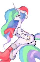 Size: 1000x1533 | Tagged: safe, artist:klondike, princess celestia, alicorn, pony, christmas, clothes, hat, lying, on side, plot, santa hat, simple background, socks, solo, sunbutt, white background