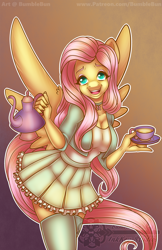 Size: 990x1530 | Tagged: safe, artist:bumblebun, fluttershy, anthro, pegasus, breasts, cleavage, clothes, female, food, kettle, looking at you, miniskirt, open mouth, pleated skirt, skirt, smiling, socks, solo, tea, thigh highs, zettai ryouiki