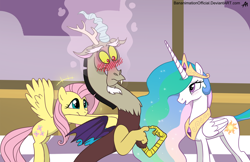 Size: 2656x1719 | Tagged: safe, artist:bananimationofficial, discord, fluttershy, princess celestia, alicorn, pegasus, pony, blushing, cute, discute, dislestia, eye contact, flying, frown, looking at each other, male, open mouth, pushing, shipper on deck, shipping, shy, smiling, spread wings, straight, trio, wide eyes