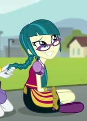 Size: 276x384 | Tagged: safe, screencap, juniper montage, rarity, equestria girls, mirror magic, spoiler:eqg specials, braid, clothes, cropped, cute, glasses, junibetes, pigtails, skirt, smiling, solo focus