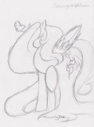 Size: 765x1040 | Tagged: safe, artist:dp360, fluttershy, oc, bird, pegasus, pony, alternate universe, doppleganger, monochrome, solo, traditional art