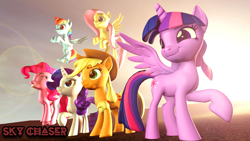 Size: 1920x1080 | Tagged: safe, artist:sky chaser, derpibooru import, applejack, fluttershy, pinkie pie, rainbow dash, rarity, twilight sparkle, twilight sparkle (alicorn), alicorn, earth pony, pegasus, pony, unicorn, 3d, applejack's hat, cowboy hat, eyes closed, flying, grin, hat, horn, jumping, mane six, raised hoof, revamped ponies, smiling, source filmmaker, text, wings