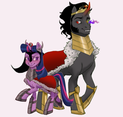 Size: 1124x1068 | Tagged: safe, artist:22dots22, derpibooru import, king sombra, twilight sparkle, unicorn twilight, pony, unicorn, accessory swap, blushing, colored horn, corrupted twilight sparkle, crown, curved horn, fangs, female, horn, jewelry, male, mare, pink background, raised hoof, reformed sombra, regalia, shipping, simple background, smiling, sombra eyes, sombra horn, stallion, straight, twibra