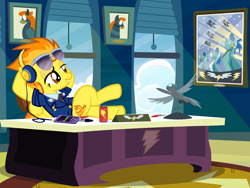 Size: 1000x750 | Tagged: safe, artist:pixelkitties, derpibooru import, spitfire, clothes, headphones, ipad, kelly metzger, pixelkitties' brilliant autograph media artwork, uniform