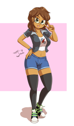 Size: 2795x4738 | Tagged: safe, artist:jeglegator, oc, oc only, oc:chestnut quill, oc:copper plume, oc:lady chestnut raikage, equestria girls, belly button, bracelet, breasts, clothes, commission, commissioner:imperfectxiii, converse, female, freckles, glasses, hand on hip, jacket, jewelry, lipstick, looking at you, midriff, peace sign, rule 63, shoes, shorts, smiling, sneakers, socks, solo, thigh highs, zettai ryouiki