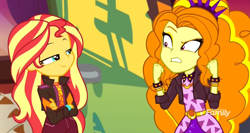 Size: 1920x1020 | Tagged: safe, screencap, adagio dazzle, sunset shimmer, better together, equestria girls, sunset's backstage pass!, discovery family logo, duo, duo female, female, smiling, smirk, smug, smugset shimmer, spiked wristband, wristband