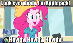 Size: 923x545 | Tagged: safe, screencap, pinkie pie, equestria girls, friendship games, cowboy hat, hat, image macro, implied applejack, meme, solo, the far side, toy story