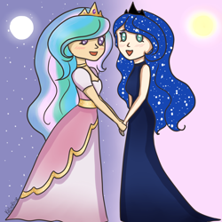 Size: 1024x1024 | Tagged: safe, artist:krotoreese, princess celestia, princess luna, human, clothes, dress, humanized, royal sisters