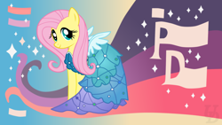 Size: 1920x1080 | Tagged: safe, artist:unnamed-doctor, fluttershy, pegasus, pony, canterlot boutique, clothes, dress, female, mare, outfit catalog, princess dress, solo