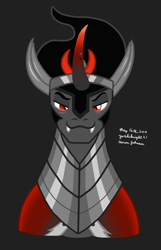 Size: 1240x1927 | Tagged: safe, artist:yoshiknight2, derpibooru import, king sombra, pony, black background, bust, curved horn, fangs, horn, looking at you, red eyes, simple background, solo