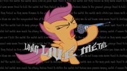 Size: 1366x768 | Tagged: safe, artist:goodstnero, derpibooru import, scootaloo, metal, microphone, music, wallpaper