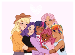 Size: 2164x1580 | Tagged: safe, artist:fioweress, derpibooru import, applejack, fluttershy, pinkie pie, rainbow dash, rarity, twilight sparkle, human, clothes, cowboy hat, dark skin, end of ponies, eyes closed, female, group hug, hat, heart, hug, humanized, mane six, necktie, pink background, simple background