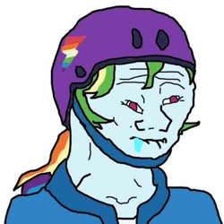 Size: 500x500 | Tagged: safe, derpibooru exclusive, derpibooru import, rainbow dash, equestria girls, brainlet, drool, helmet, meme, solo, wat, wojak