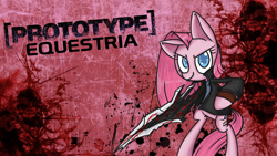 Size: 1920x1080 | Tagged: safe, artist:voids-edge, pinkie pie, earth pony, pony, [prototype], clothes, cosplay, crossover, pinkamena diane pie, solo, wallpaper