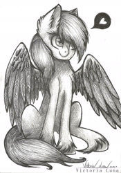 Size: 1631x2333 | Tagged: safe, artist:victoria-luna, derpibooru import, rainbow dash, pegasus, pony, cute, dashabetes, female, grayscale, heart, looking at something, mare, monochrome, pencil drawing, signature, simple background, sitting, smiling, solo, speech bubble, spread wings, traditional art, white background, wings