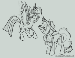 Size: 800x622 | Tagged: safe, artist:egophiliac, applejack, twilight sparkle, twilight sparkle (alicorn), alicorn, earth pony, pony, female, mare, monochrome