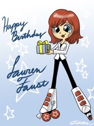 Size: 800x1067 | Tagged: safe, artist:johnjoseco, human, birthday, lauren faust, present, roller skates, stars