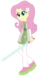 Size: 1594x3000 | Tagged: safe, artist:amante56, fluttershy, equestria girls, 20th century fox, clothes, crossover, disney, element of kindness, healer, jedi, lightsaber, long hair, lucasfilm, raised leg, solo, star wars